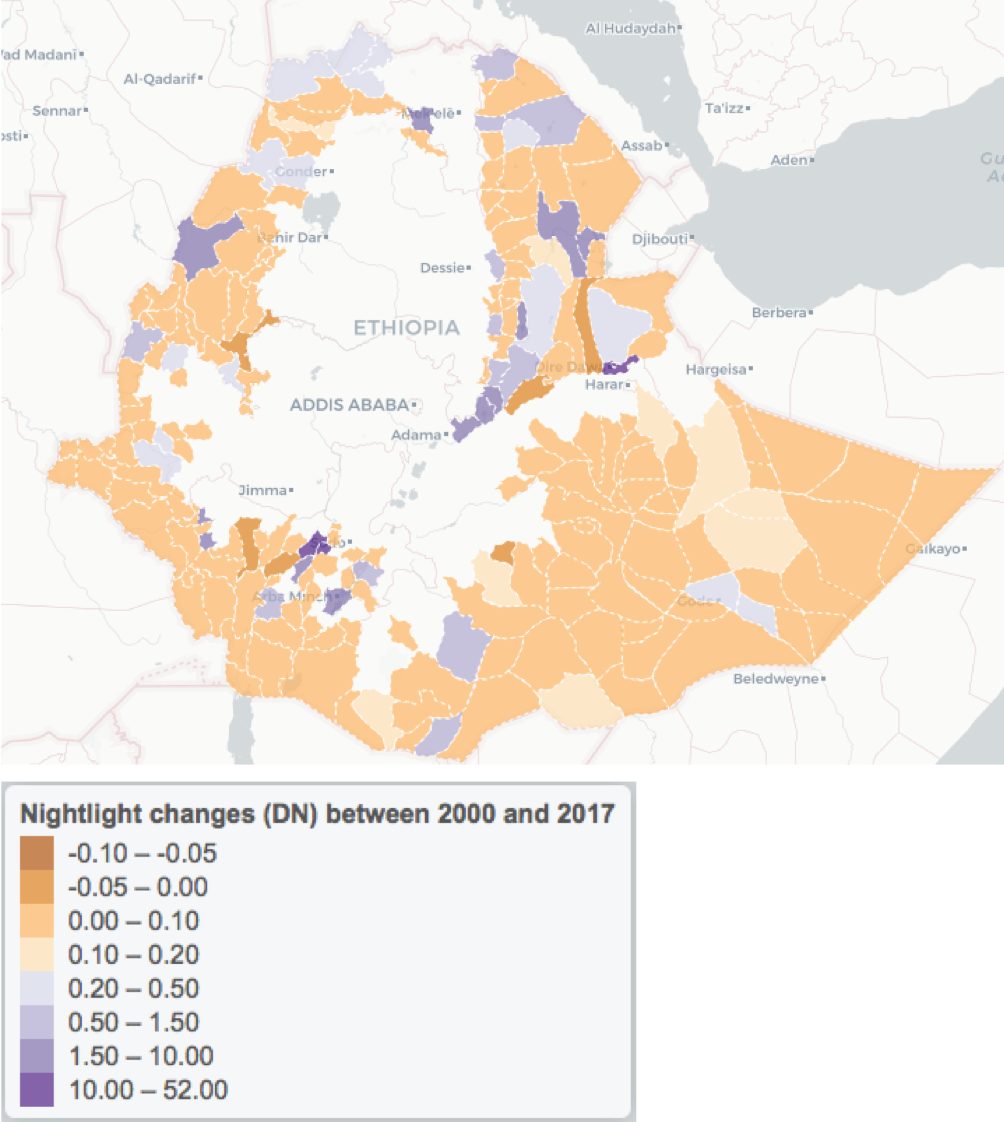 Nightlight changes in lowland between 2000 and 2017