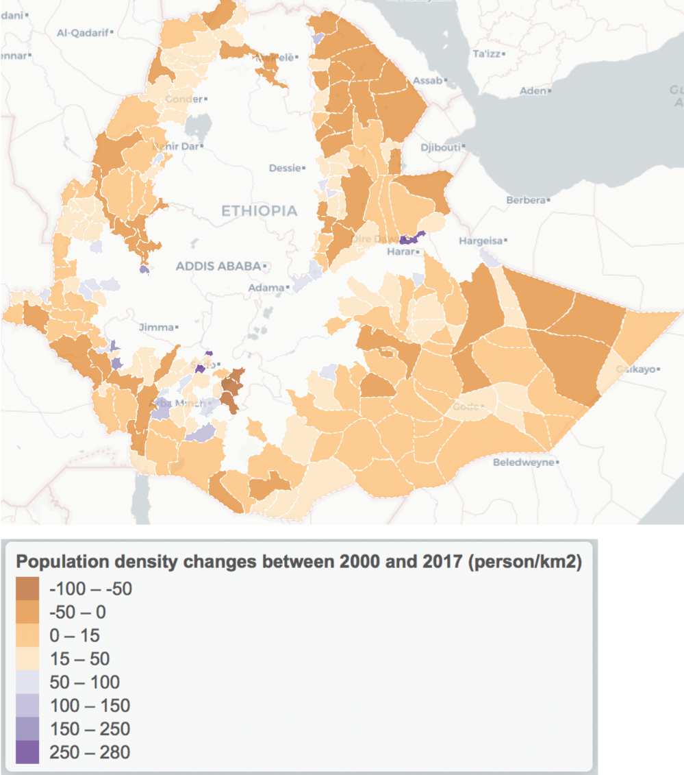 Change in population density (persons/km2) between 2000 and 2017 in lowland Ethiopia