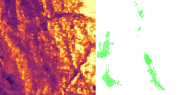 The SAR image of mountains looks sort of like power lines, so the algorithm produces a false positive.