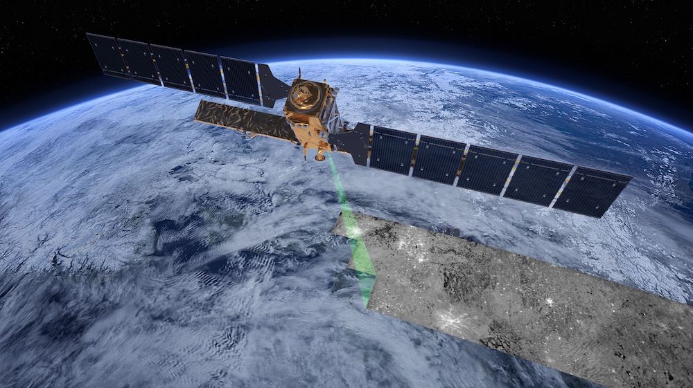 Sentinel-1 flys over Earth emmiting radio waves that capture imagery of the ground despite cloud cover