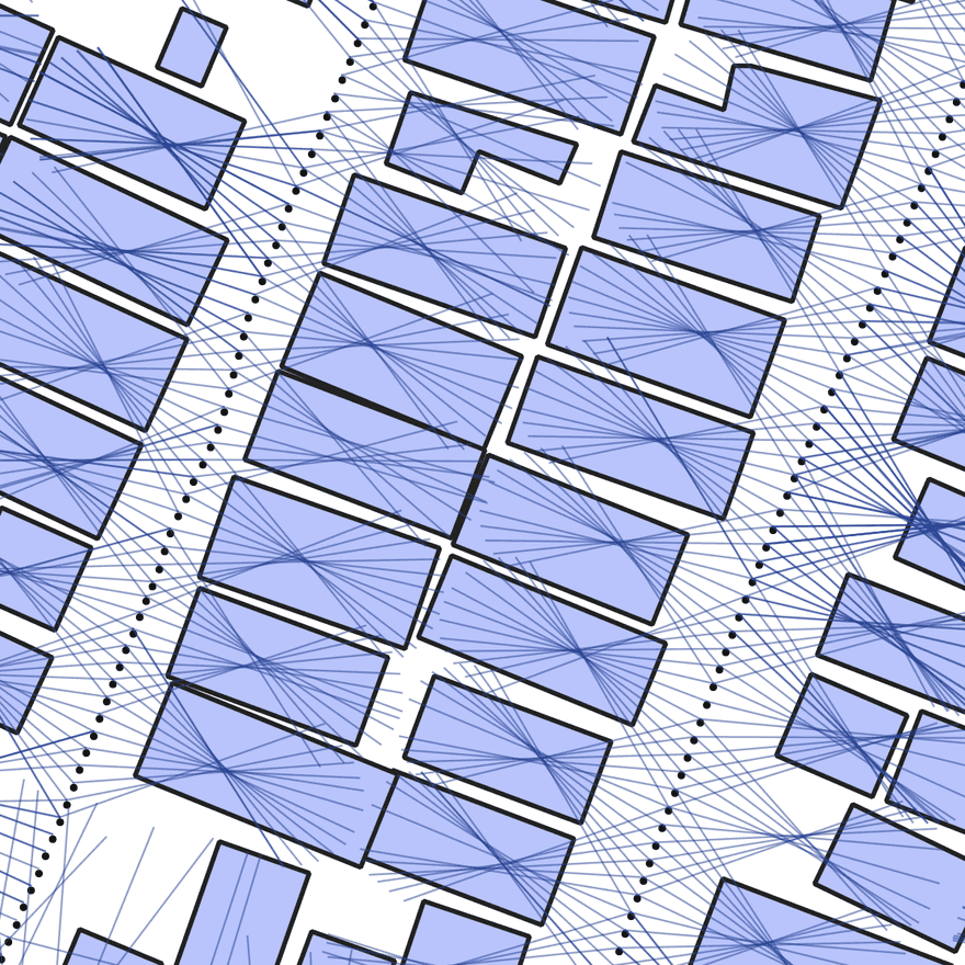 **Figure 3.** Mapping street view feature detections (dark lines) from image capture locations (black dots) while the car was driving past buildings (blue polygons). We assign detected features to buildings by finding the line/polygon intersection closest to the car position. The overhead building footprint map is derived from drone imagery.