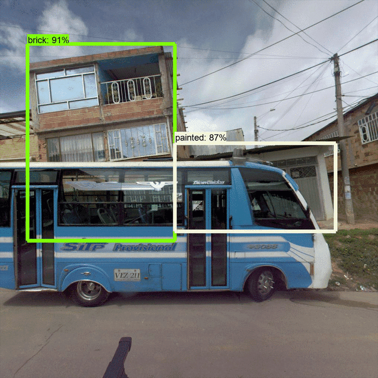 **Figure 1. Detecting building properties in street view imagery.** Sample detections for building completeness (left), design (middle), and construction material (right). Notice that the models work reasonably well even with obstructions (like this bus).